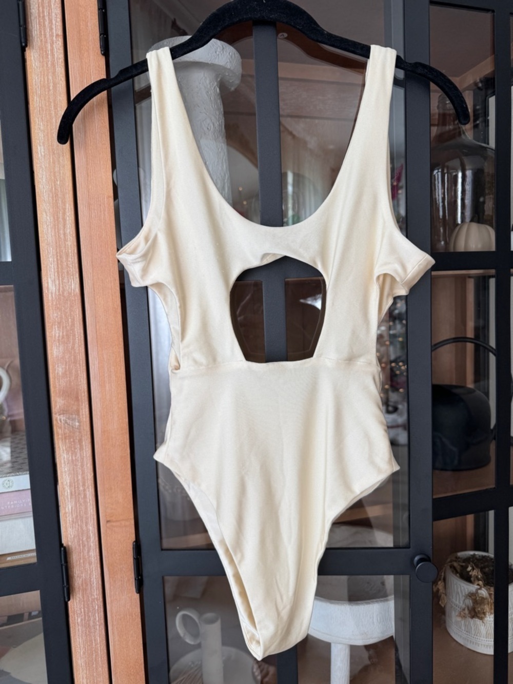 Oh polly bodysuit vneck cutouts seamless scoop open back ivory satin sexy top